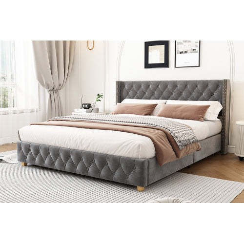 Sienna Velvet Double Bed Frame 4ft6 – Grey Buttoned Headboard