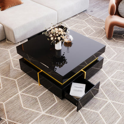 Block coffee table | High Gloss  with Gold Accents and Drawers – Black and White
