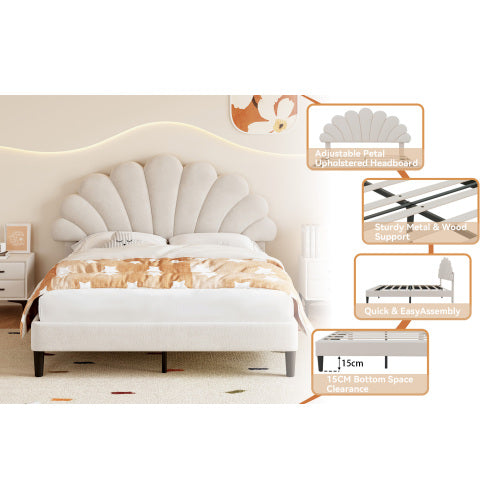4ft6 Double Upholstered Velvet Bed Frame, With Adjustable Chic Petal Headboard, Velvet Platform Bed Frame With Solid Wood Slat, No Box Spring Needed, Easy Assembly, Beige