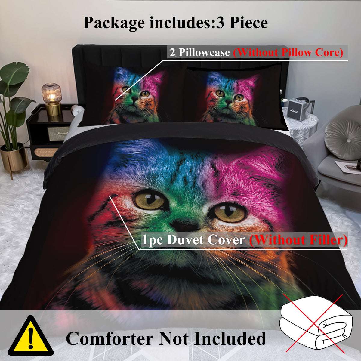 Cat Bedding For Kids Girls Boys Cute Colorful Cat Pattern Quilt Cover Bedspread 3 Piece Bold Color Black Animal Duvet Cover Set For Single Bed