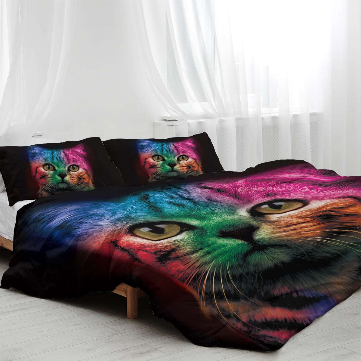 Cat Bedding For Kids Girls Boys Cute Colorful Cat Pattern Quilt Cover Bedspread 3 Piece Bold Color Black Animal Duvet Cover Set For Single Bed