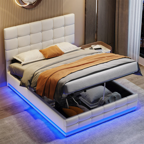 Aura Luxe Ottoman Storage Bed 4ft6 – Cream PU Leather with LED