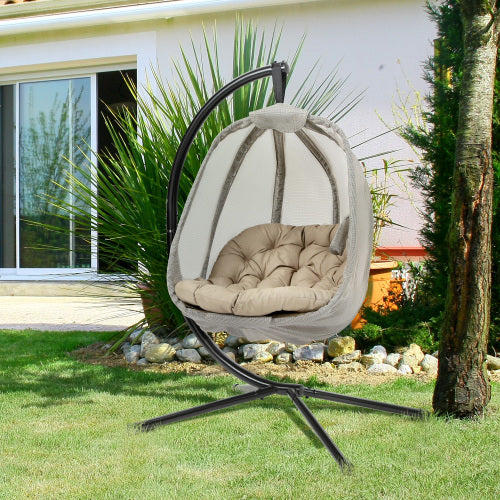Outsunny Hanging Egg Chair – Folding Swing with Cushion & Stand, Khaki