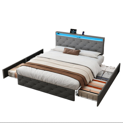 Grey 4ft6 Linen Upholstered Bed with 4 Storage Drawers, LED Lighting & USB/Type‑C Charging
