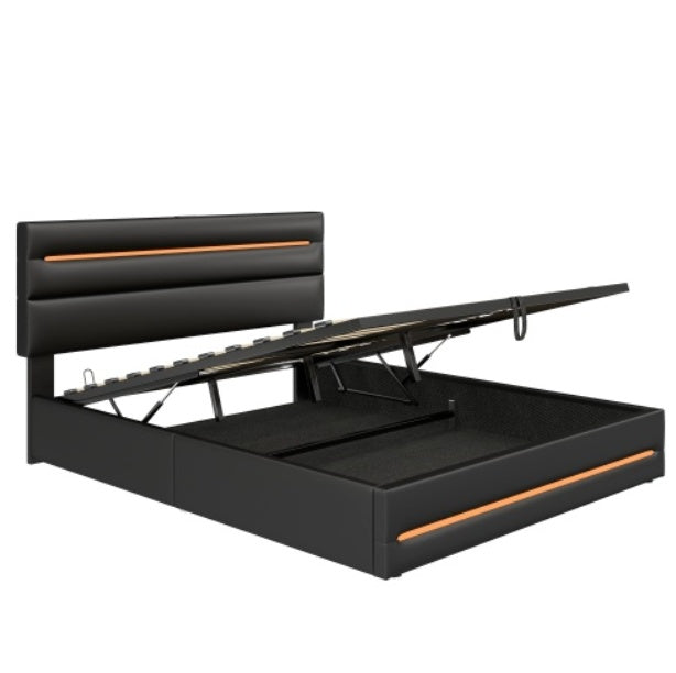 5ft King PU Leather Ottoman Bed with Hydraulic Storage & LED Headboard – Black