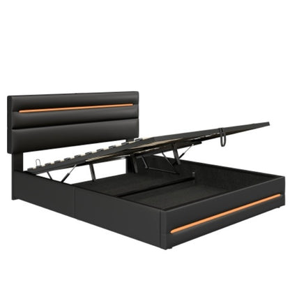 5ft King PU Leather Ottoman Bed with Hydraulic Storage & LED Headboard – Black