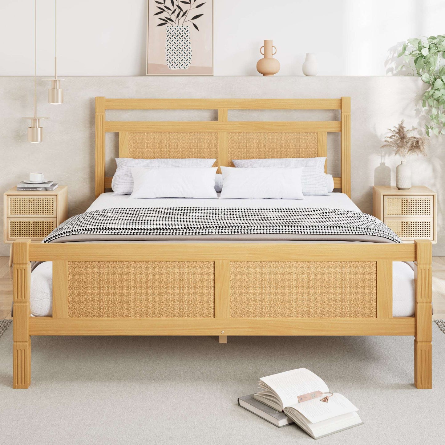 4ft6 Wooden Single Bed with Rattan Headboard