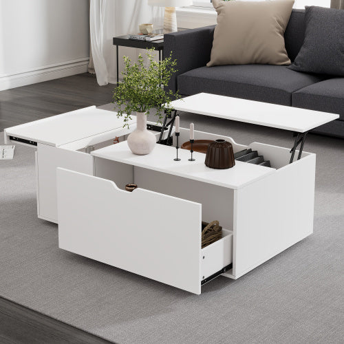 Lift-Up Coffee Table – White Wooden Sofa End Table with Drawer