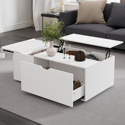 Lift-Up Coffee Table – White Wooden Sofa End Table with Drawer