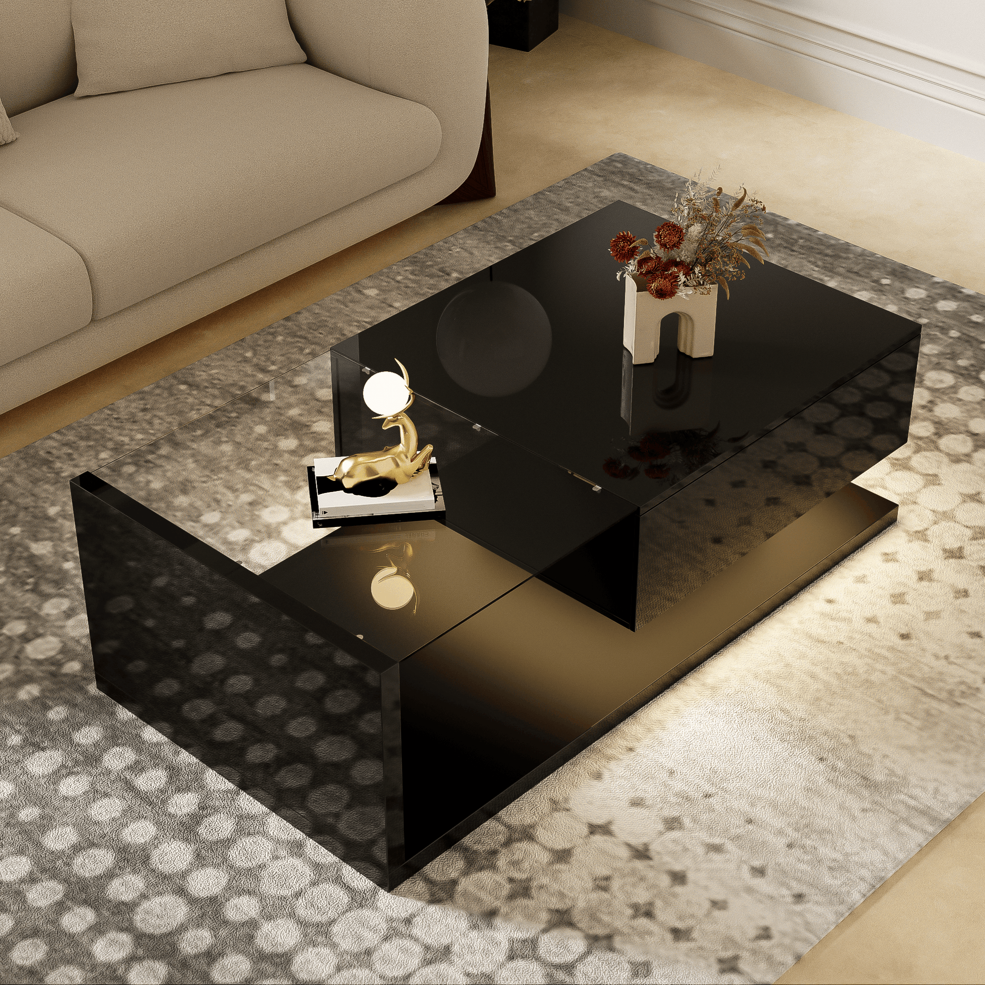 ss Black Coffee Table with Glass Top & LED Lighting