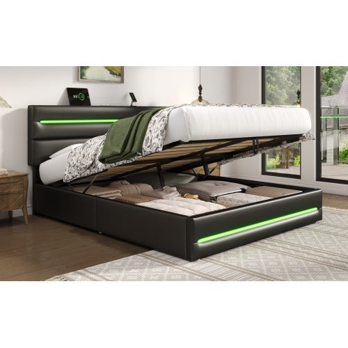 5ft King PU Leather Ottoman Bed with Hydraulic Storage & LED Headboard – Black