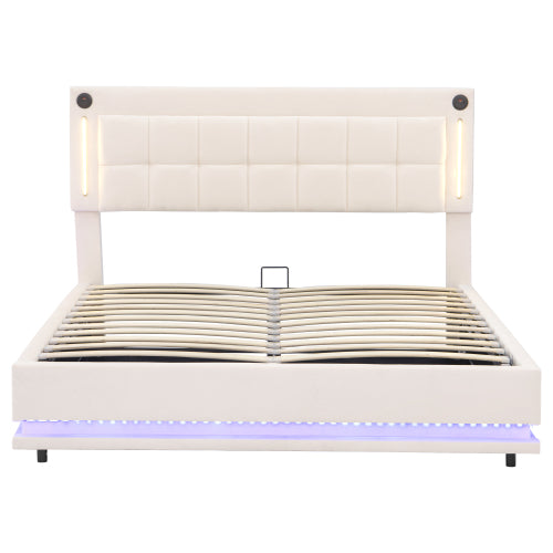 Beige 4ft6 Velvet LED Hydraulic Storage Bed with USB & Type‑C Charging Station
