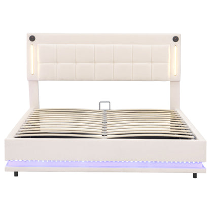 Beige 4ft6 Velvet LED Hydraulic Storage Bed with USB & Type‑C Charging Station