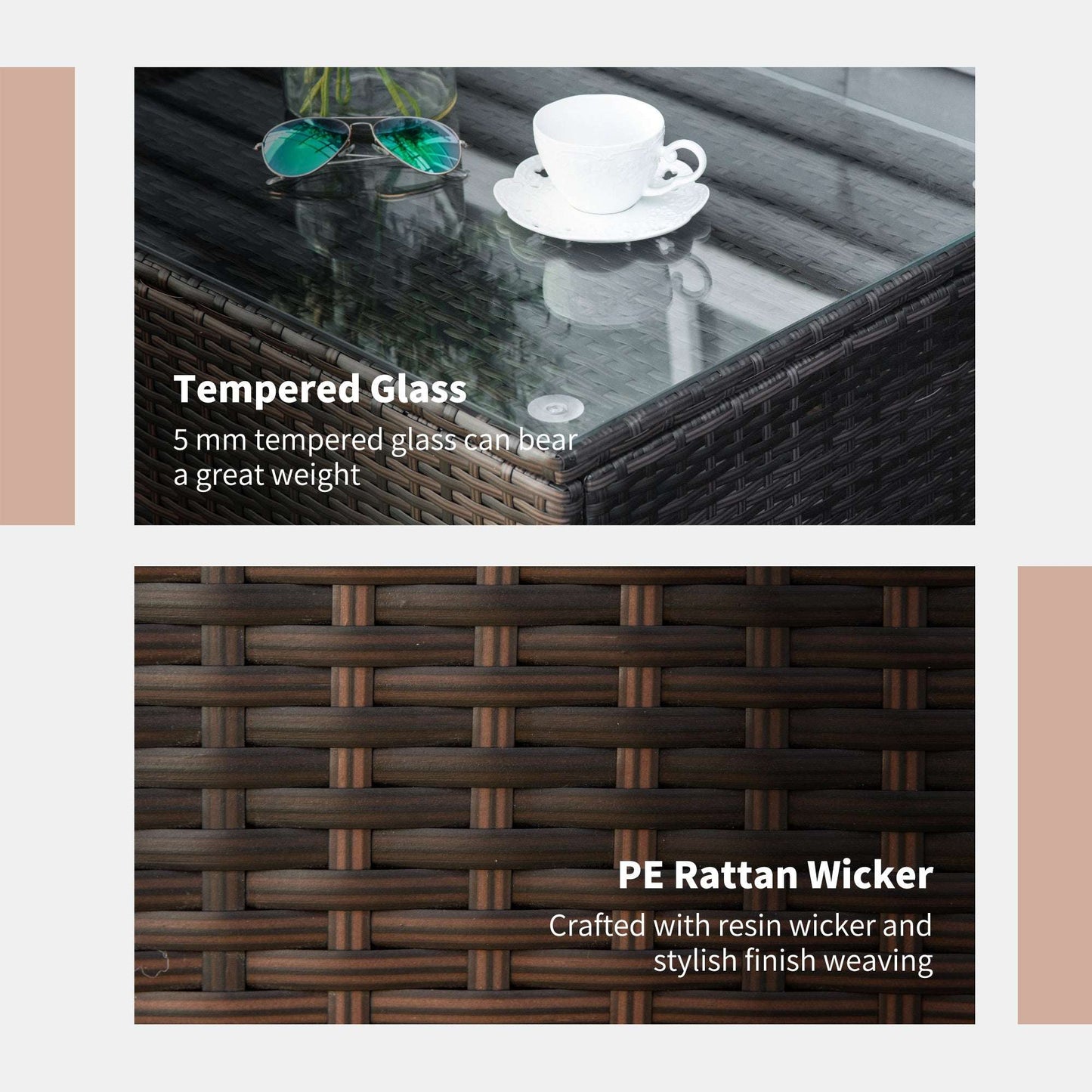 Brown PE Rattan Garden Coffee Table with Tempered Glass Top