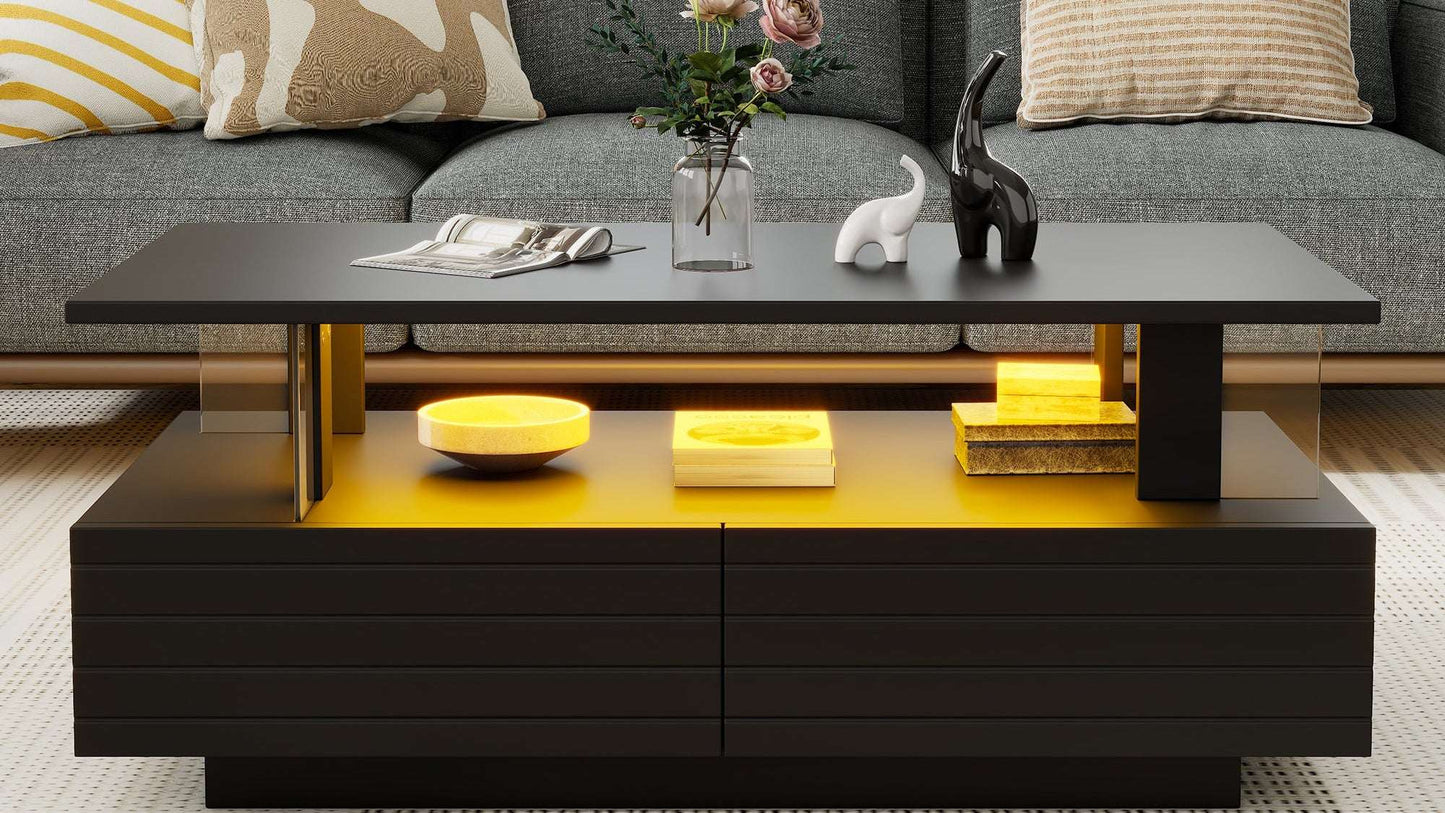 Modern living room with a gray sofa, black coffee table, and decorative items.