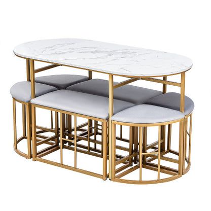 White & Gold Dining Table Set with 6 Stools
