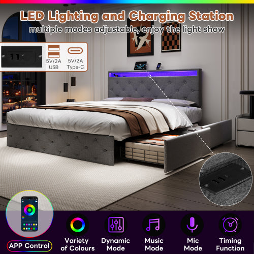 Grey 4ft6 Linen Upholstered Bed with 4 Storage Drawers, LED Lighting & USB/Type‑C Charging