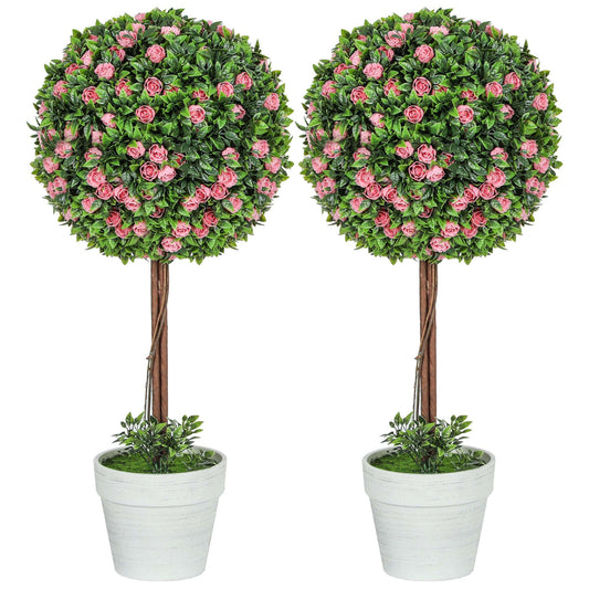 Set Of 2 Decorative Artificial Plants, Ball Topiary Tree With Rose Flower In Pot, Fake Plants For Home Indoor Outdoor Decor, 60cm, Pink