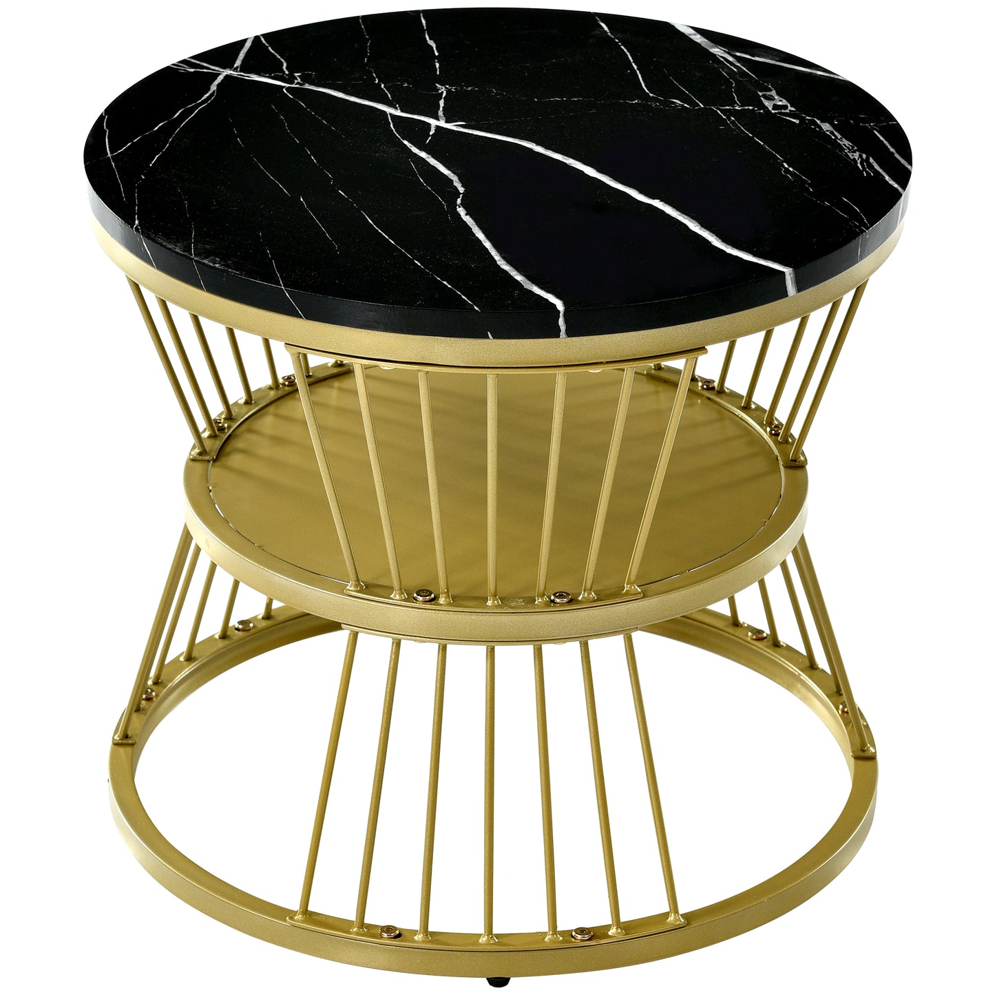 Set of 2 Round Nesting Coffee Tables with Gold Metal Frame & Marble‑Pattern Tops – Black