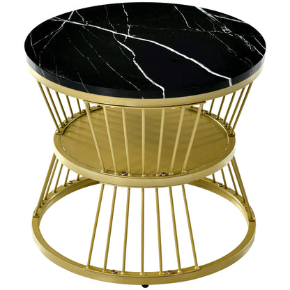 Set of 2 Round Nesting Coffee Tables with Gold Metal Frame & Marble‑Pattern Tops – Black