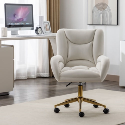 Aurora Velvet Home Office Chair | Adjustable Height Swivel Desk Chair with Gold Metal Legs & Wheels, Ivory