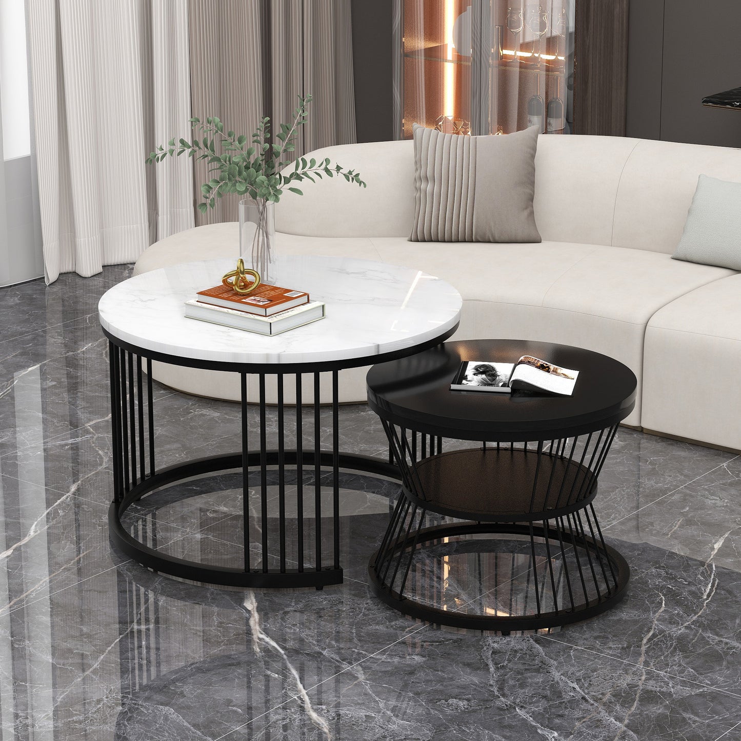 Helios Nesting Coffee Tables Set of 2 – Round Marble-Effect Top with Black Frame