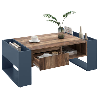 Wood Grain Coffee Table with Handleless Drawer & Double‑Sided Storage – Black/Grey