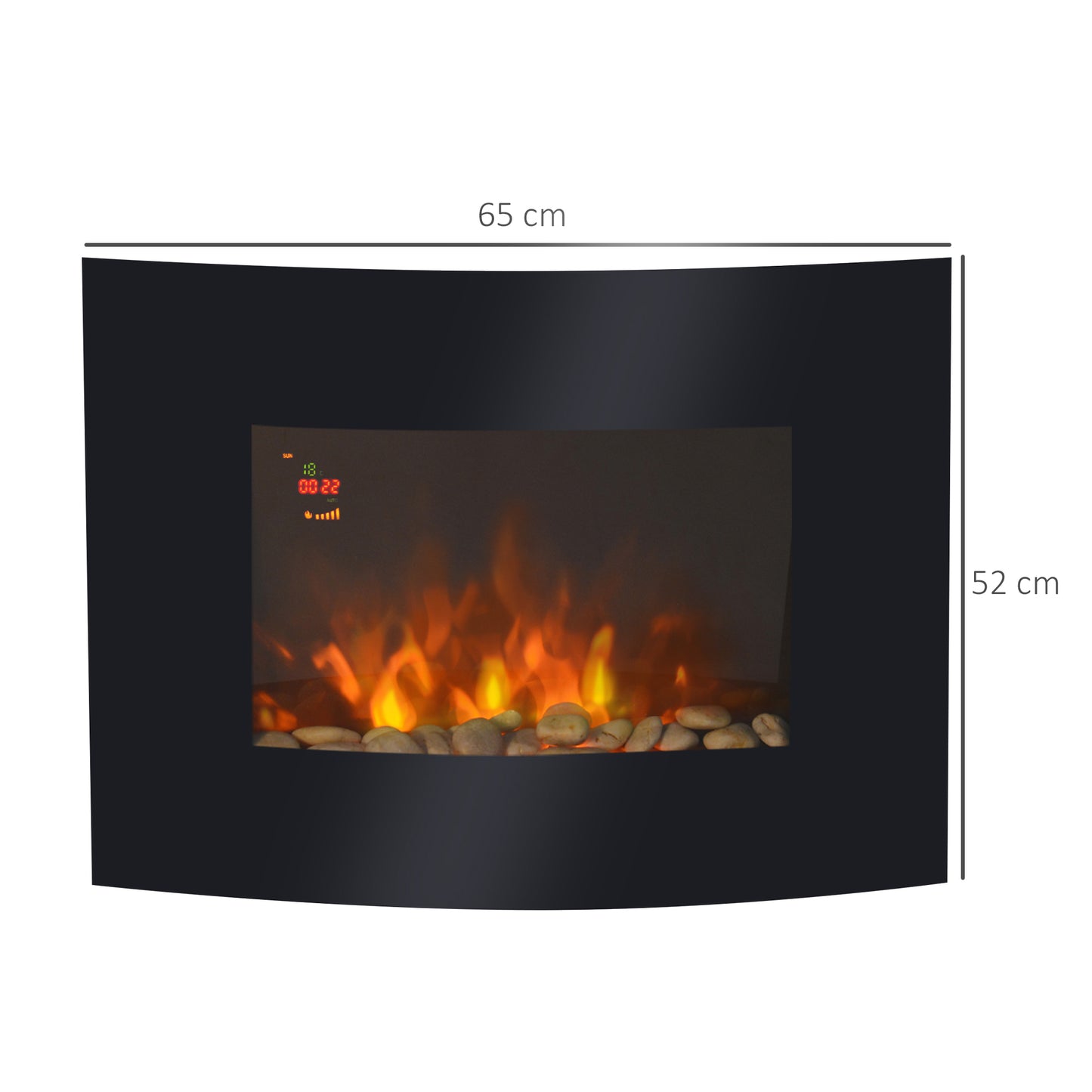 Led Wall Mounted Fireplace Curved Glass Electric Fire Place Fire Place 7 Colour Side Lights Slimline, 900/1800W, 65cm X 52cm
