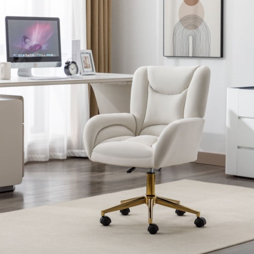 Aurora Velvet Home Office Chair | Adjustable Height Swivel Desk Chair with Gold Metal Legs & Wheels, Ivory