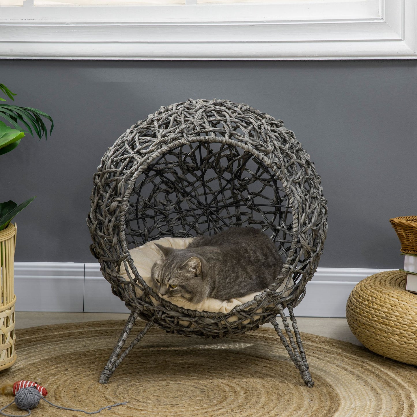 PawHut Rattan Elevated Cat Bed House Kitten Basket Ball Shaped Pet Furniture W/ Removable Cushion - Silver-Tone And Grey