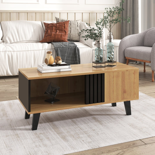 Wood & Black Coffee Table with Drawer and Side Storage – 100 × 60 × 45 cm