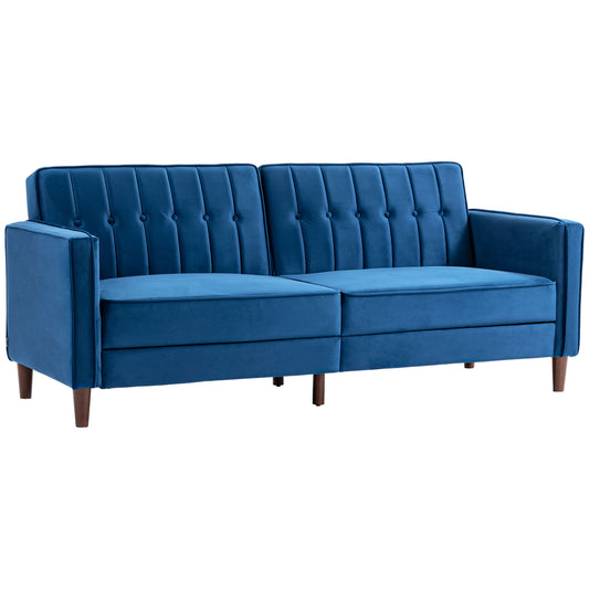 Blue Velvet‑Feel Three‑Seater Sofa Bed – Adjustable Backrests