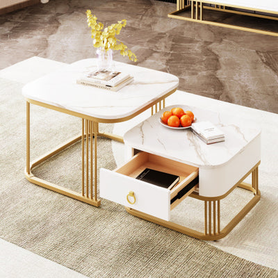 Set of 2 High‑Gloss Marble Nesting Coffee Tables with Gold Accents & Drawer