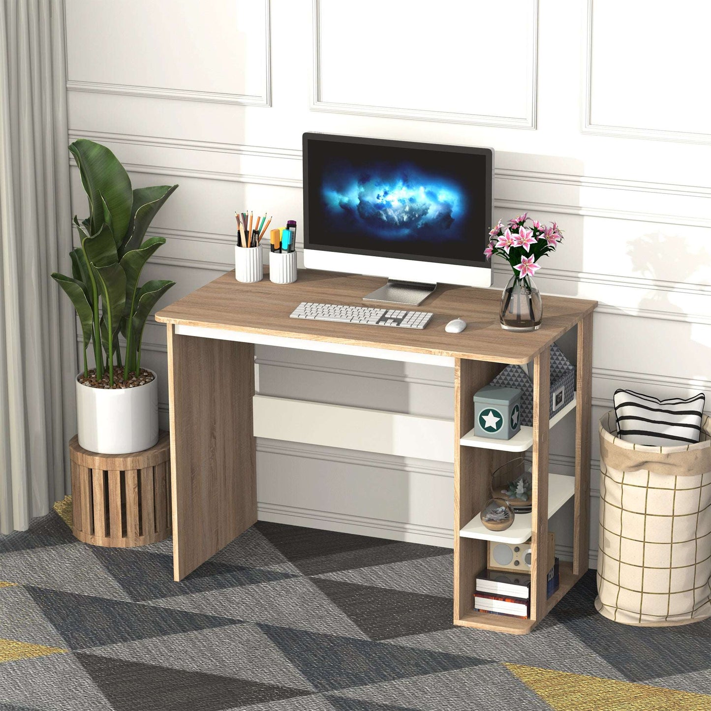 Computer Desk, Writing Desk With 3-Tier Storage Shelf, Work Table For Home Office, Study, Living Room, Oak And White