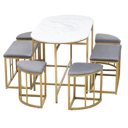 White & Gold Dining Table Set with 6 Stools