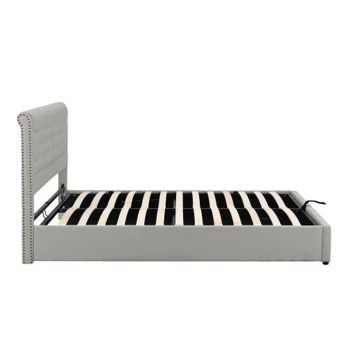 Upholstered Double Bed 4ft6 – Light Grey Linen with Storage & Rivets