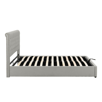 Upholstered Double Bed 4ft6 – Light Grey Linen with Storage & Rivets