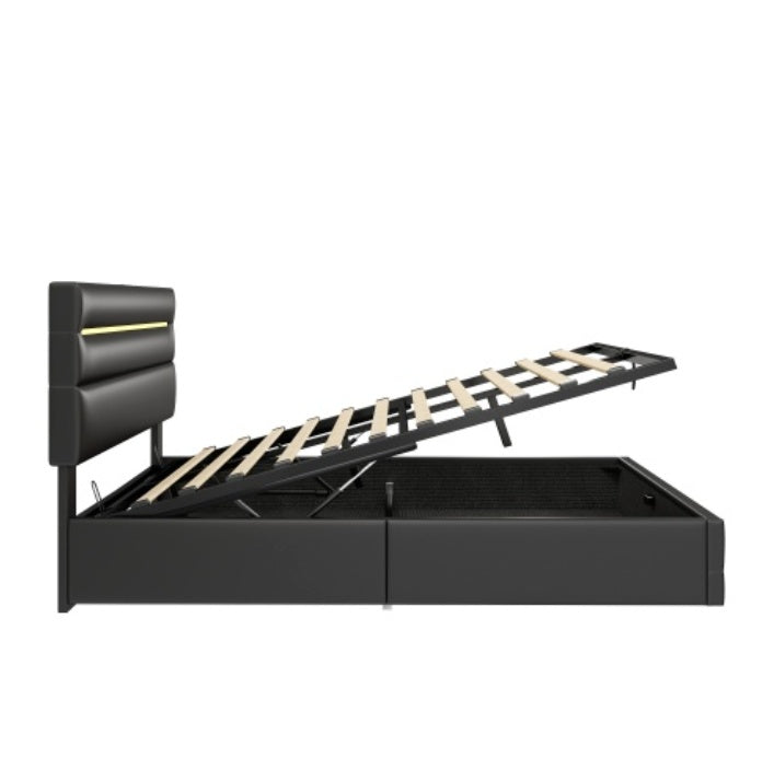5ft King PU Leather Ottoman Bed with Hydraulic Storage & LED Headboard – Black