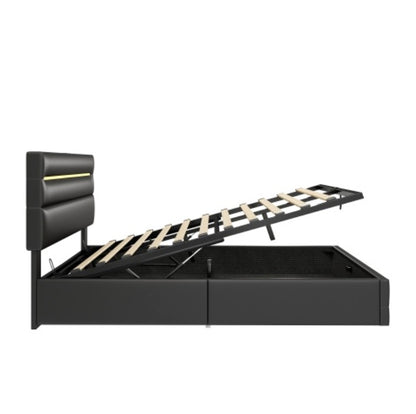 5ft King PU Leather Ottoman Bed with Hydraulic Storage & LED Headboard – Black