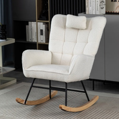 Serenity Glide Upholstered Rocking Chair – White Fabric Recliner with Cushion