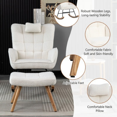 Serenity Glide Upholstered Rocking Chair – White Fabric Recliner with Cushion