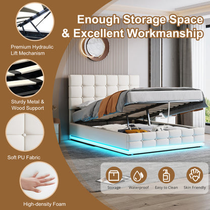 Aura Luxe Ottoman Storage Bed 4ft6 – Cream PU Leather with LED