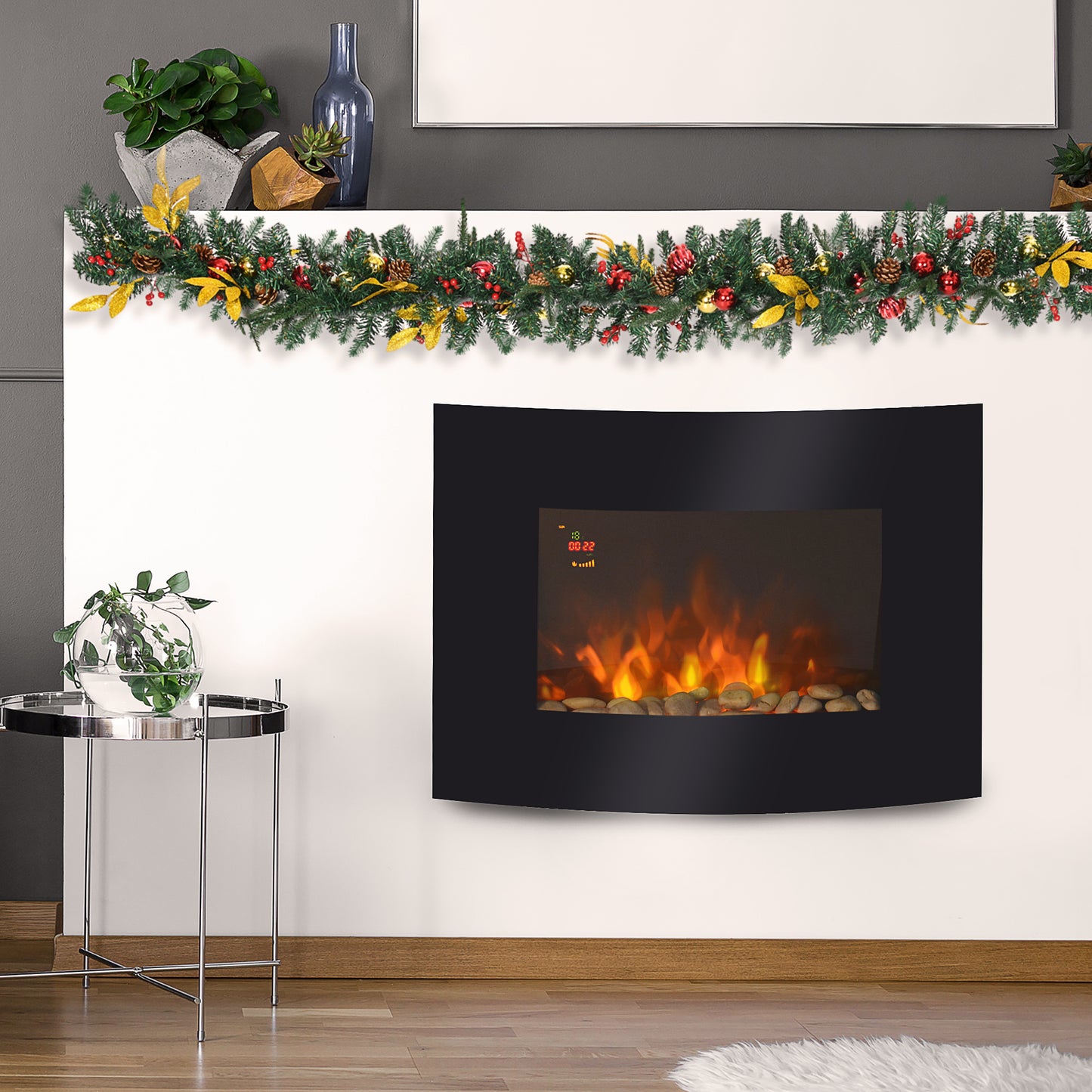 Led Wall Mounted Fireplace Curved Glass Electric Fire Place Fire Place 7 Colour Side Lights Slimline, 900/1800W, 65cm X 52cm