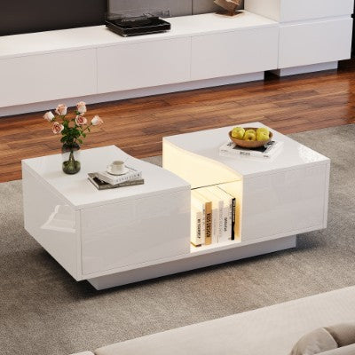 White High‑Gloss LED Coffee Table with 2 Drawers – 16‑Color App‑Controlled Centre Table