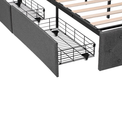 Grey 4ft6 Linen Upholstered Bed with 4 Storage Drawers, LED Lighting & USB/Type‑C Charging