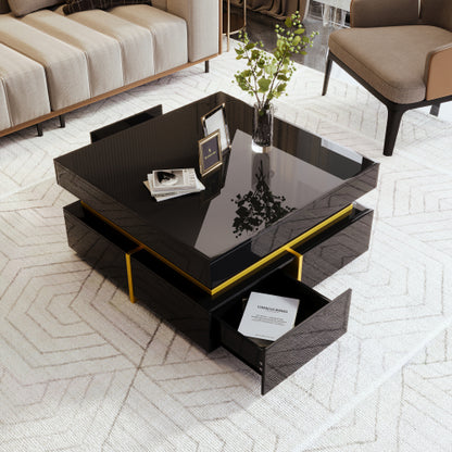 Block coffee table | High Gloss  with Gold Accents and Drawers – Black and White