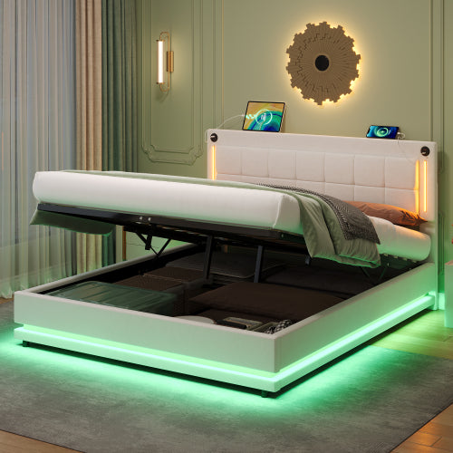 Beige 4ft6 Velvet LED Hydraulic Storage Bed with USB & Type‑C Charging Station