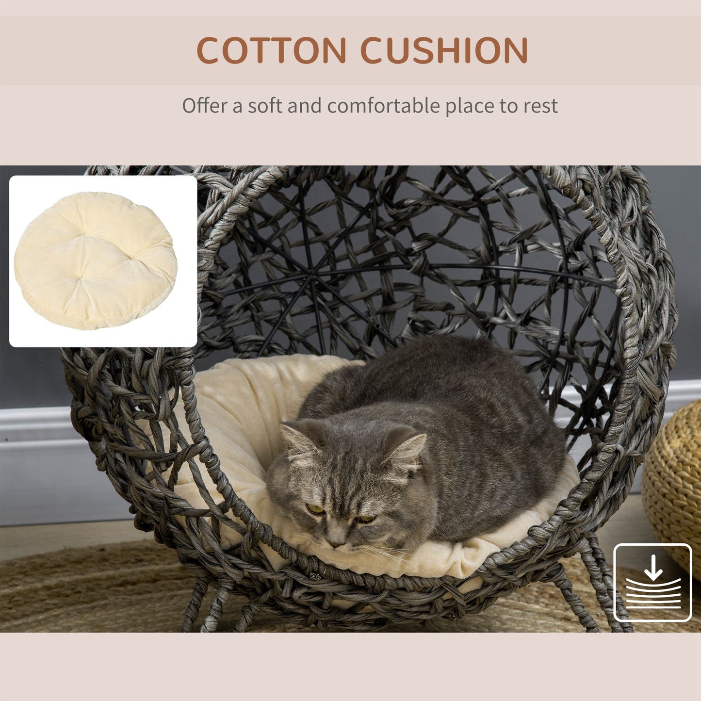 PawHut Rattan Elevated Cat Bed House Kitten Basket Ball Shaped Pet Furniture W/ Removable Cushion - Silver-Tone And Grey