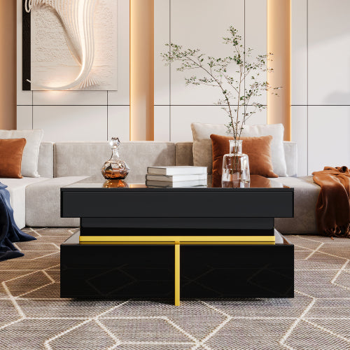 Block coffee table | High Gloss  with Gold Accents and Drawers – Black and White