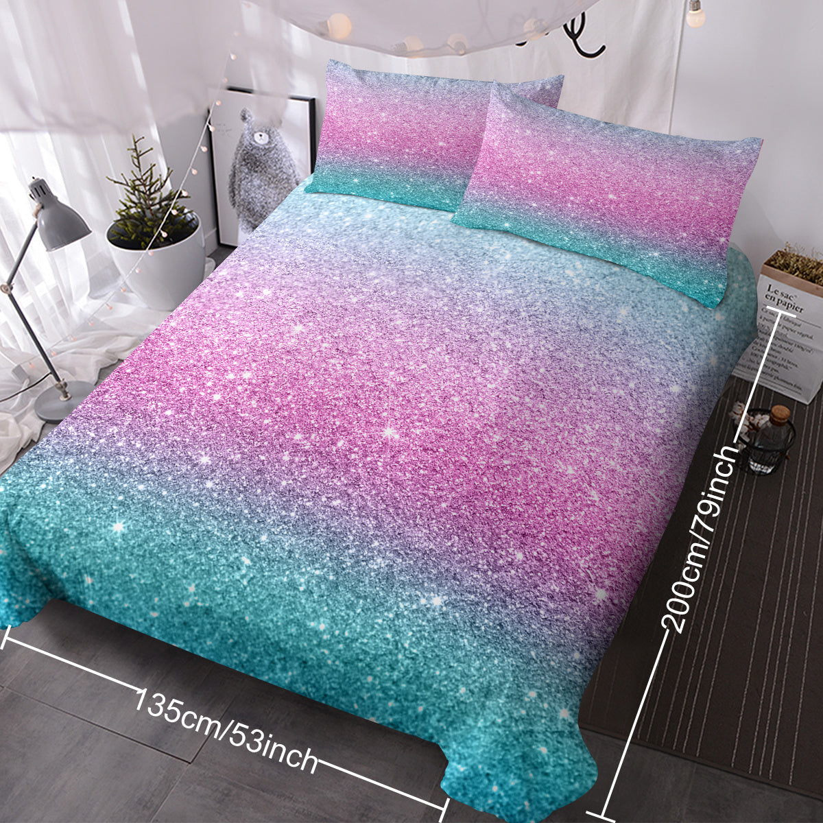 Celestial Dream Rainbow Glitter Ombre Bedding Set | 3-Piece Pastel Duvet Cover Set with 2 Pillow Shams, Purple Blue Green (Double/Full)